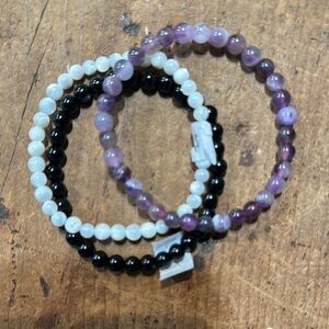 Elegant Black, White, and Purple Beaded Bracelet Set